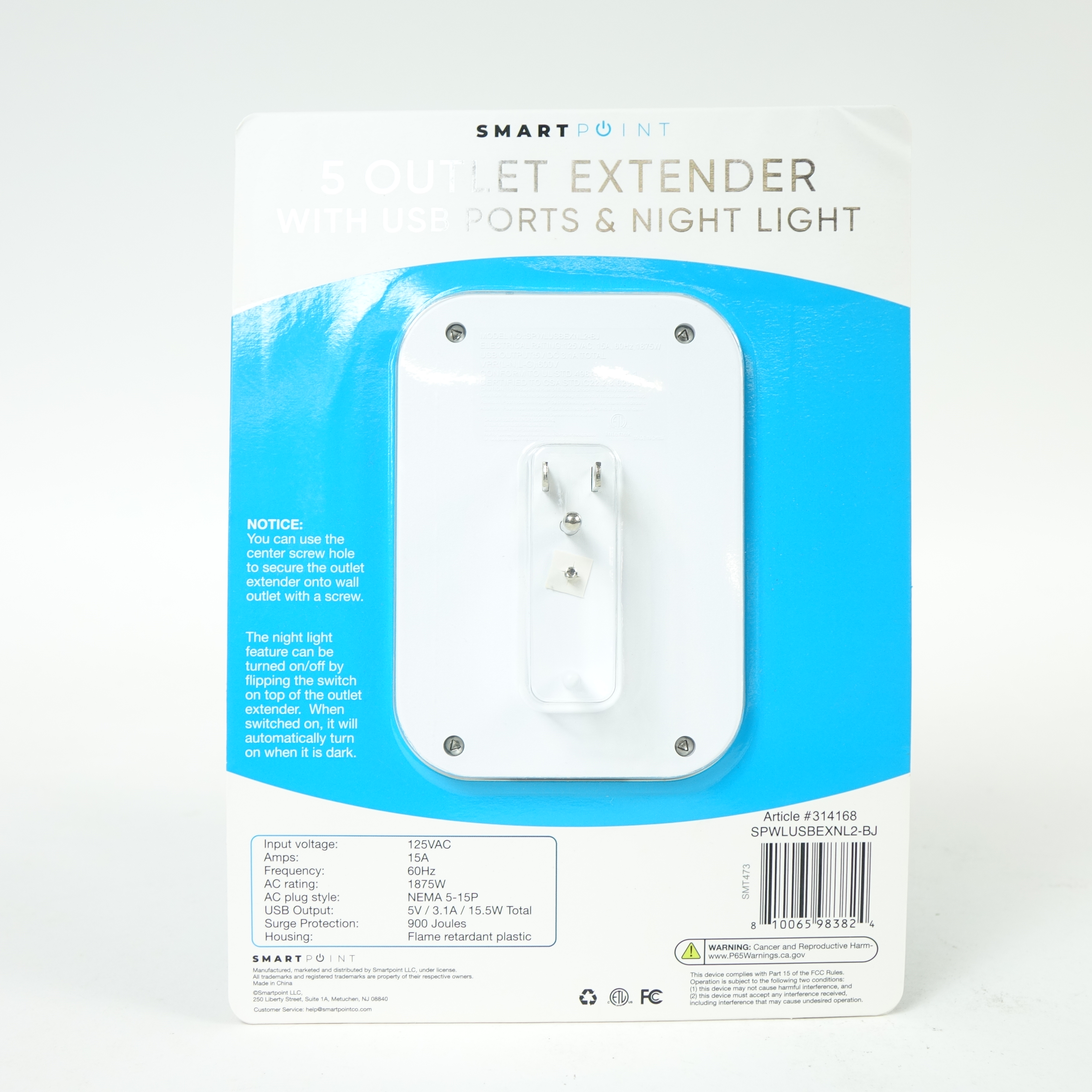 Smartpoint 5-Outlet Power hub with USB Ports and Automatic Night Light - Picture 2 of 3